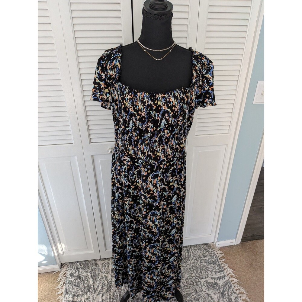 Ella Rafaella Dress Women's 3X Midi Peasant Boho Square Neck Smocked Multi Ditsy